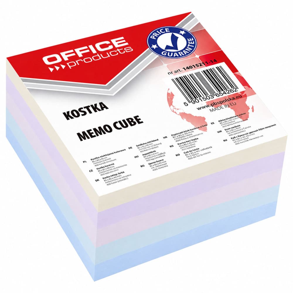 Papirna kocka OFFICE PRODUCTS, lepljena, 85x85x40mm, mix barv