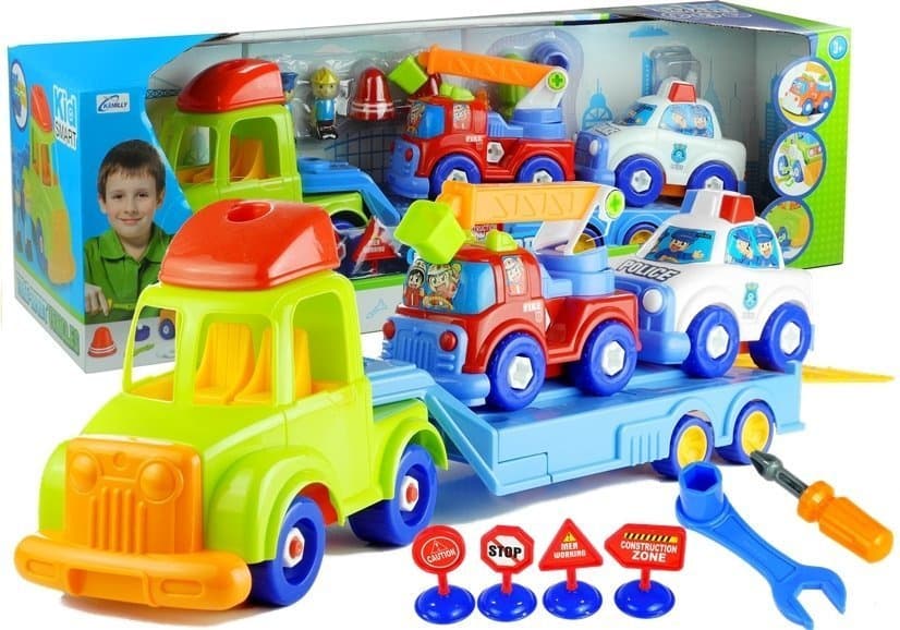 LEAN TOYS Komplet vozil: policija, gasilci, vleka, razstavljivo