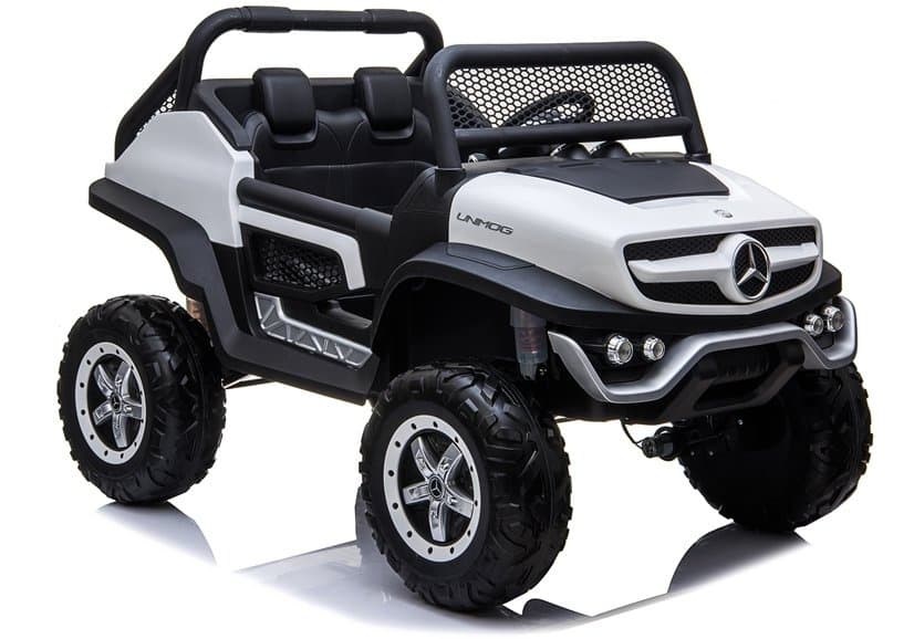 LEAN CARS Otroški avto na akumulator Mercedes Unimog 4x4, bel, LED luči, MP3
