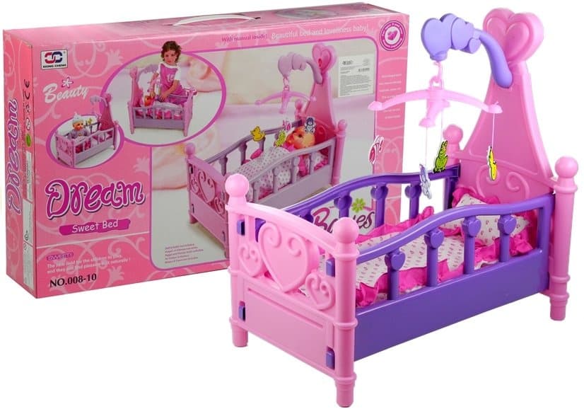 LEAN TOYS Velika roza-vijolična posteljica za punčke s karijonom in posteljnino, 48 cm