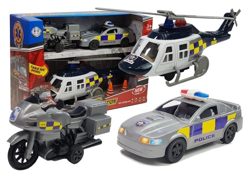 Policijski set vozil s lučmi in zvoki (helikopter, avto, motor)
