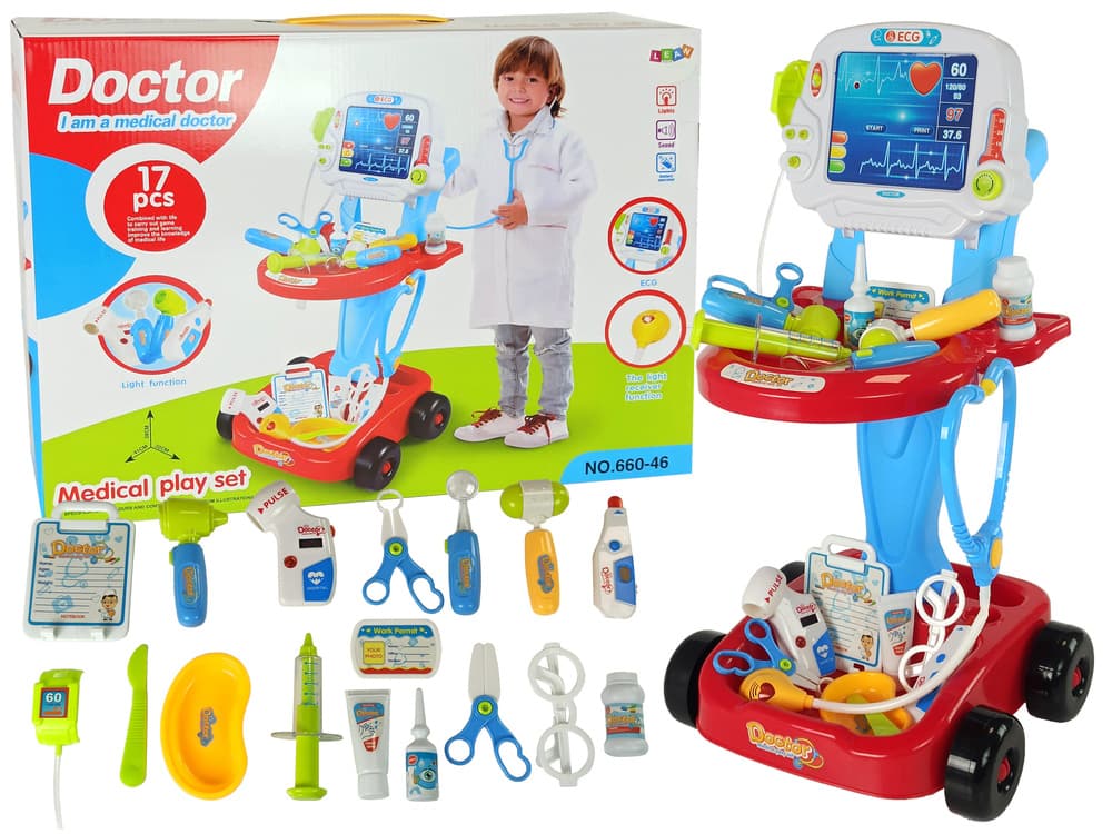 LEAN TOYS Zdravniški set na vozičku z EKG-jem (17 kosov)