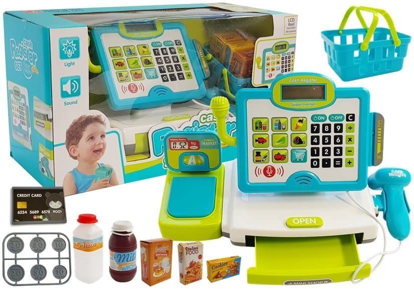 LEAN TOYS blagajna za trgovino, modra, z nakupovalnim vozičkom