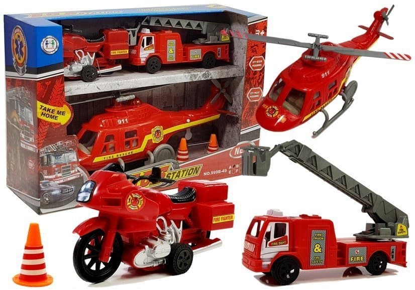 Komplet vozil za gasilce: gasilsko vozilo, helikopter, motor, z lučmi in zvoki