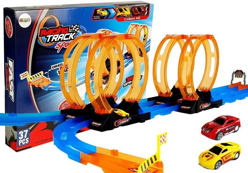 Dirkalna steza LEAN TOYS s zankami in 2 avtomobilčkoma, 181 cm