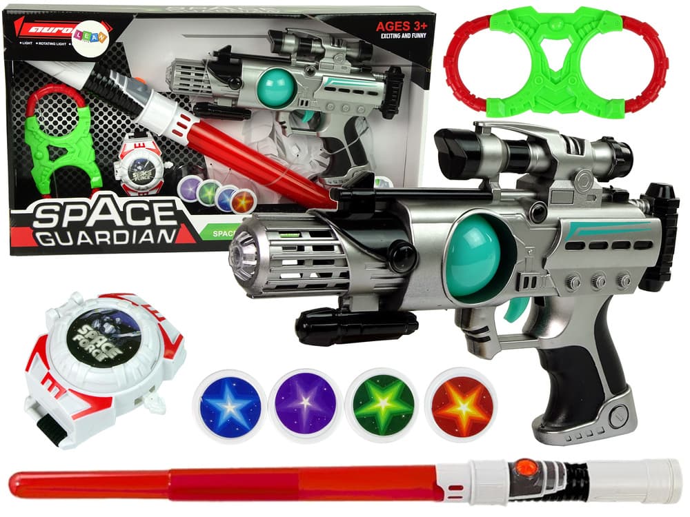 Komplet vesoljski bojevnik LEAN TOYS: laserski pištola, svetleči meč, lisice, izstreljevalec ploščic
