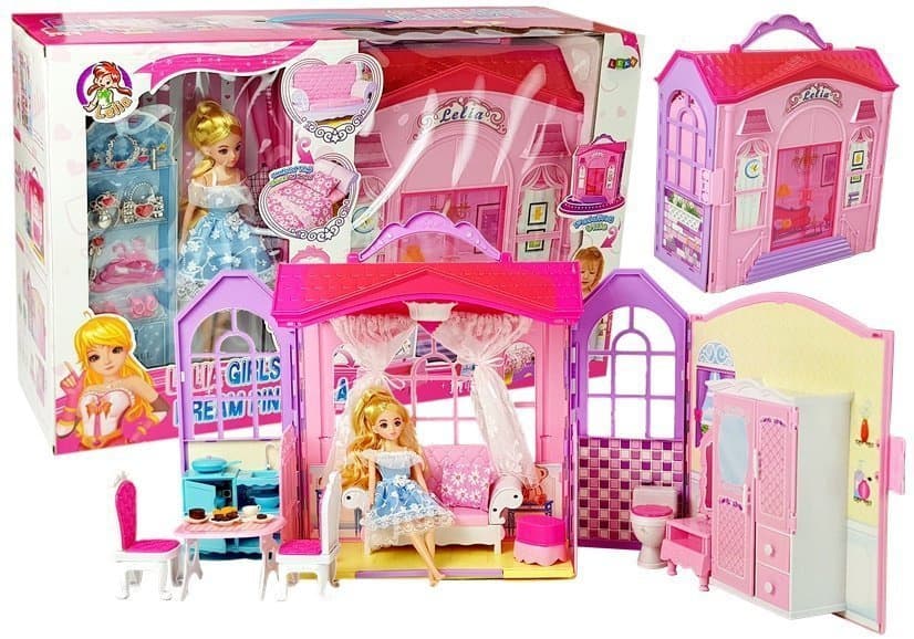 LEAN TOYS Zložljiv hiška za lutke z blond lutko in dodatki v kovčku