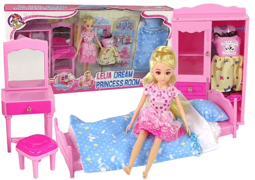 LEAN TOYS Komplet lutka z namještajem (postelja, omara, toaletna mizica)