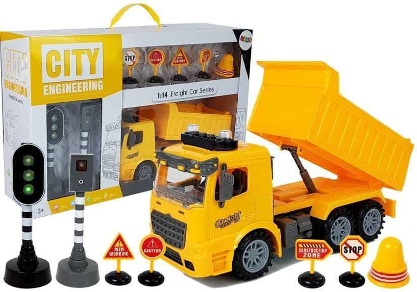 Gradbeni tovornjak LEAN TOYS 1:14, prometni znaki, semafor, radar