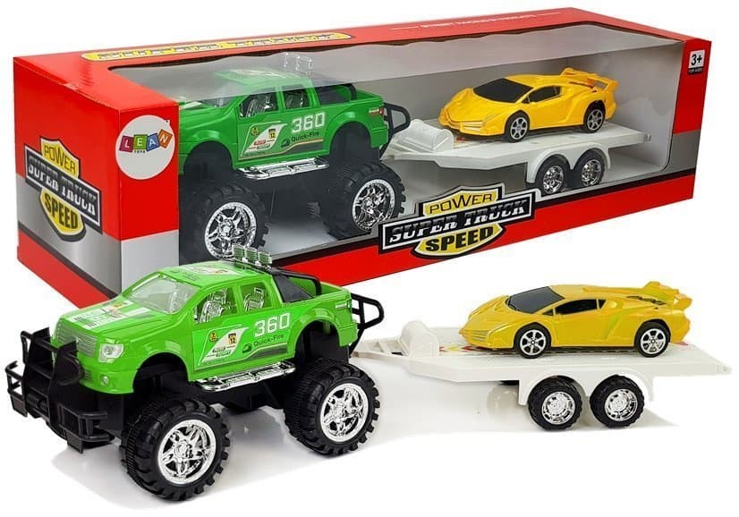 Lean Toys Set vozil: športni avto (rumen) in terensko vozilo (zeleno) s prikolico
