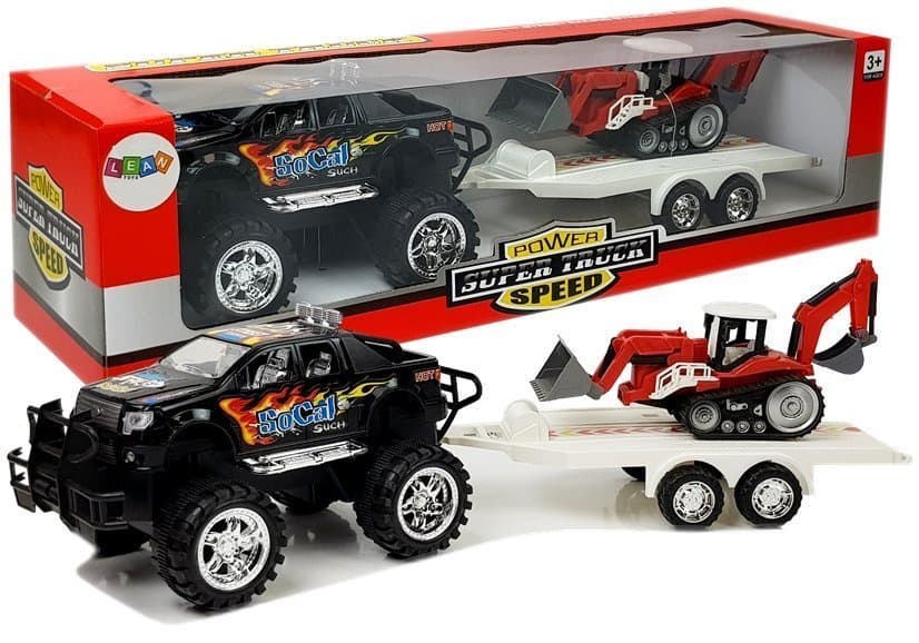 Set terenskih vozil z vztrajnostnim pogonom: črni terenec, bager, traktor