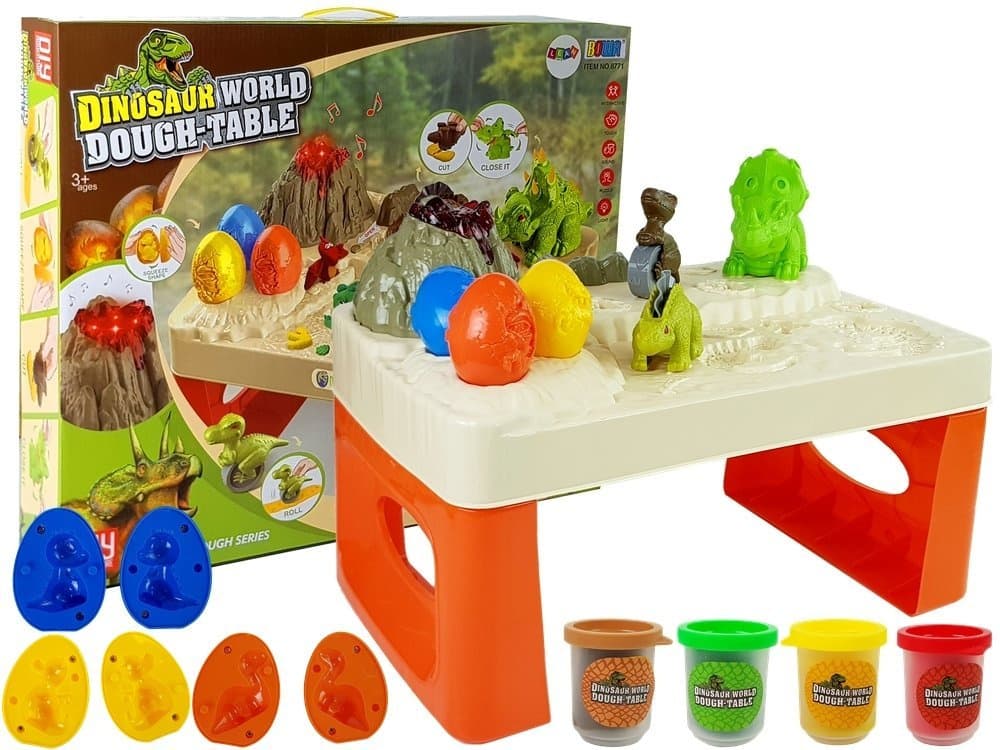 LEAN TOYS Leseni stolček s plastelinom, dinozavri in utekočinjen vulkan