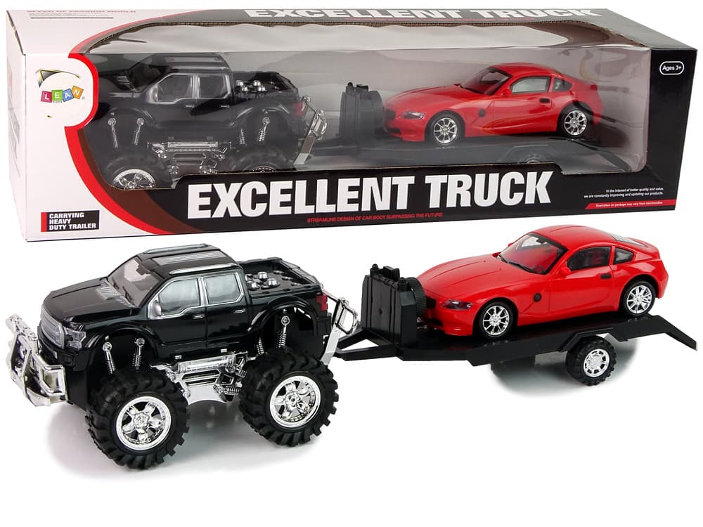 Set vozil LEAN TOYS: Črni Monster Truck in bela prikolica z BMW