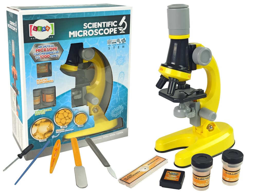 Mikroskop za znanstvenike LEAN TOYS, komplet, rumena, 100x-1200x