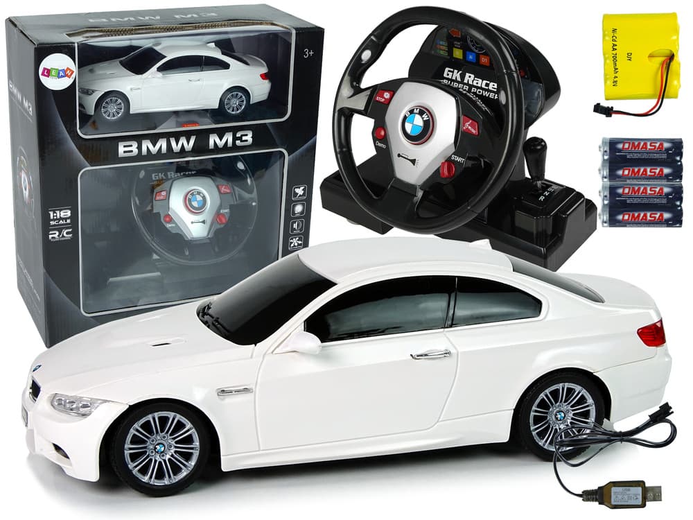 RC avto BMW M3 Bela, 1:18, krmilnik v obliki volana, zvok, luči