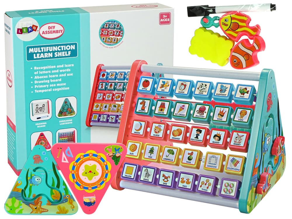 LEAN TOYS Trikotna izobraževalna polica z abakom, črkami in predmeti