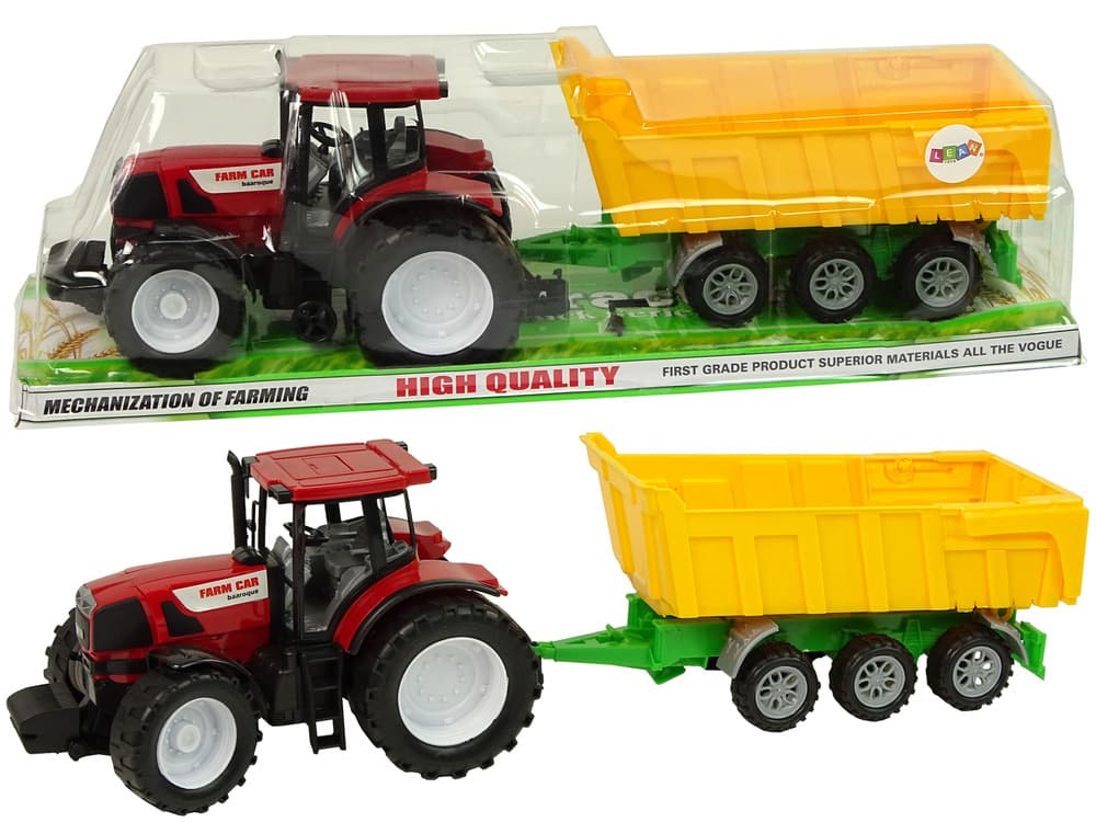 LEAN TOYS Traktor z rdečo kabino in rumeno prikolico, 50 cm