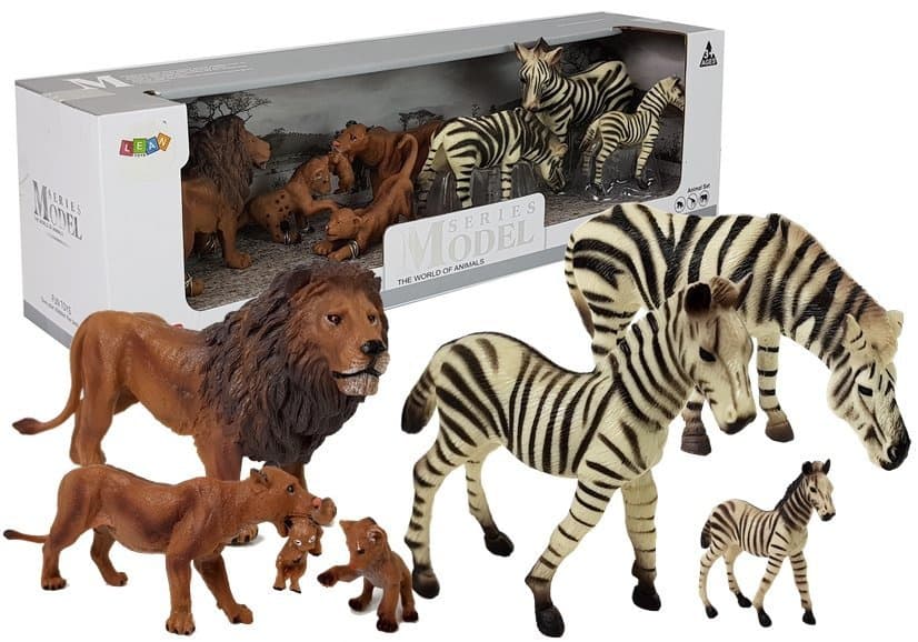 Set figuric divjih živali: levja družina in zebre iz Afrike
