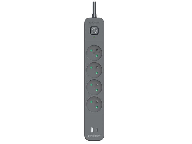 Razdelilnik TRACER Power Line+ mobilni, 1,5m, 4 vtičnice + 1x USB-A + 1x USB-C (PD20W)