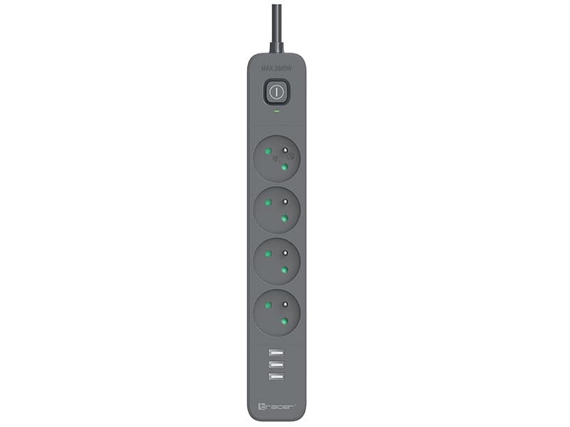 Razdelilnik TRACER Power Line+ mobilni, 1,5m, 4 vtičnice + 3x USB-A (5V 2,4A)