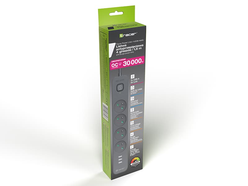 Razdelilnik TRACER Power Line+ mobilni, 1,5m, 4 vtičnice + 3x USB-A (5V 2,4A) 6