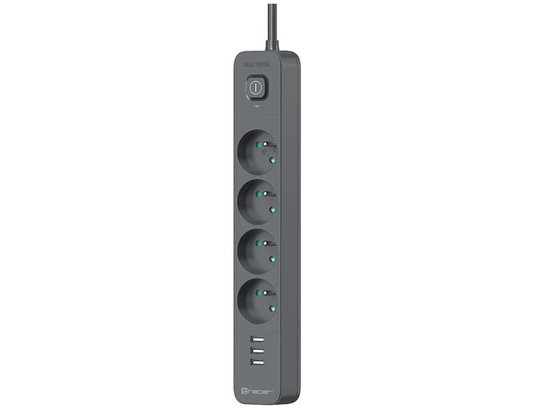 Razdelilnik TRACER Power Line+ mobilni, 1,5m, 4 vtičnice + 3x USB-A (5V 2,4A) 2
