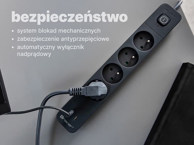 Prekoračitev TRACER Power Line+ mobile ready, 4 vtičnice + 2xUSB (USB-A, Type-C PD20W) 8