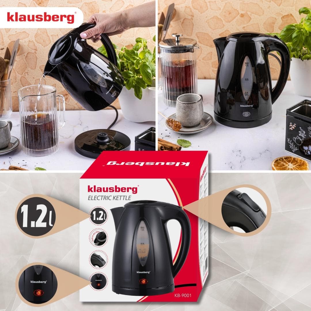 Električni kuhalnik vode 1,2 l, črn, hitro vrenje, Klausberg 6