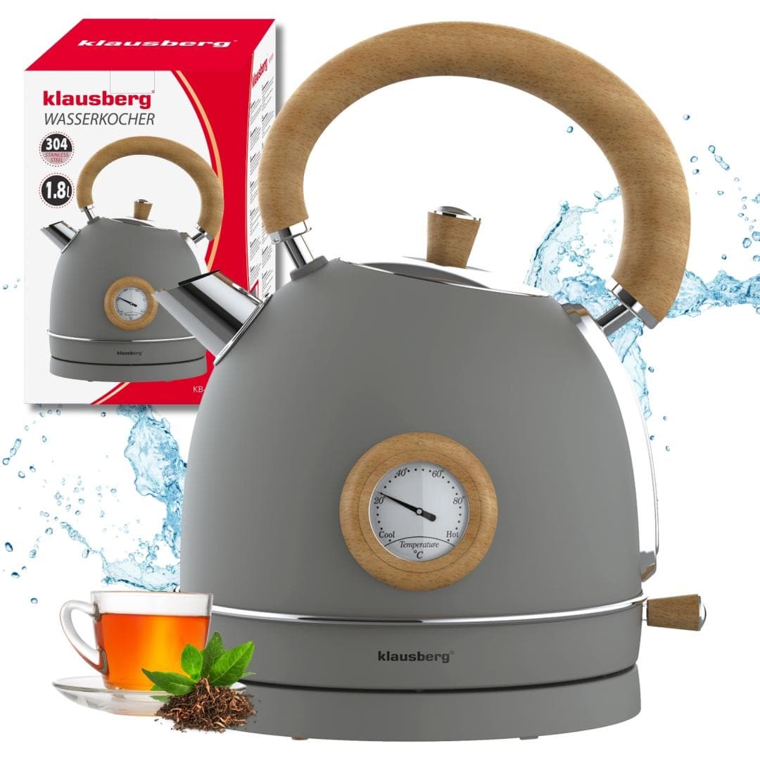 Klausberg Električni kuhalnik vode 1,8l, siv z lesom, INOX, s termometrom 3