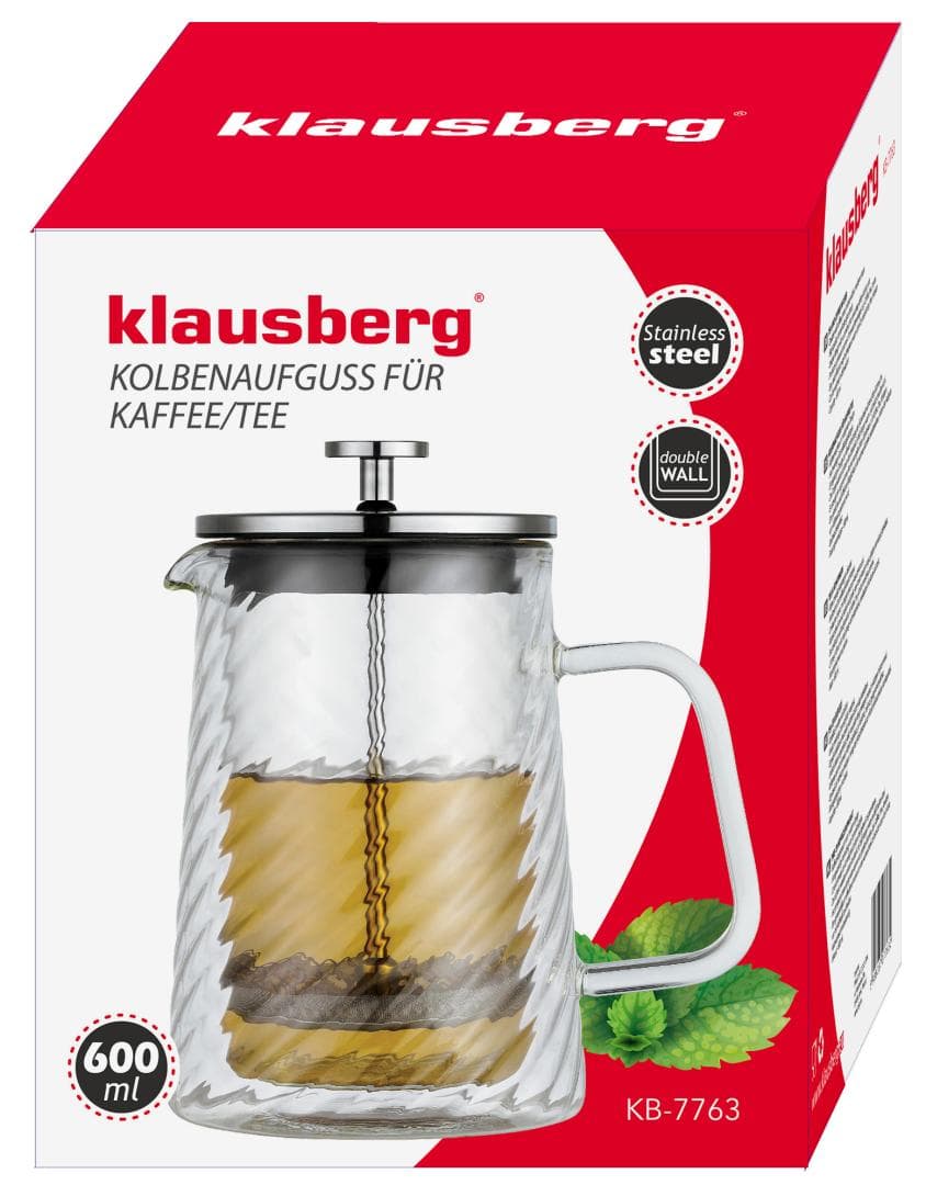 Kavni/čajni lonec s tlačilko, steklo, 0,6 L, KLAUSBERG