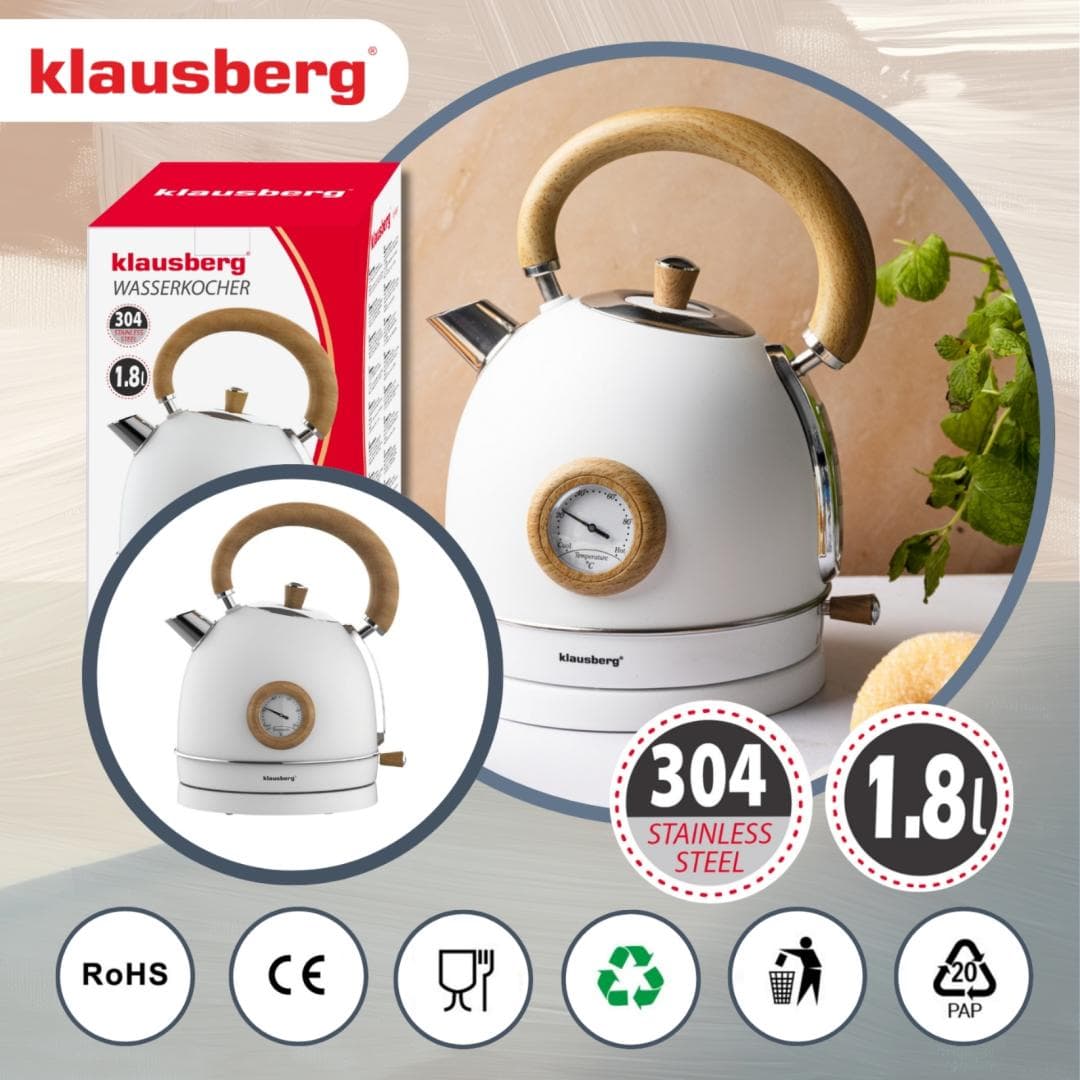 Klausberg Električni kuhalnik vode 1,8l, bel z lesom, INOX, s termometrom 4