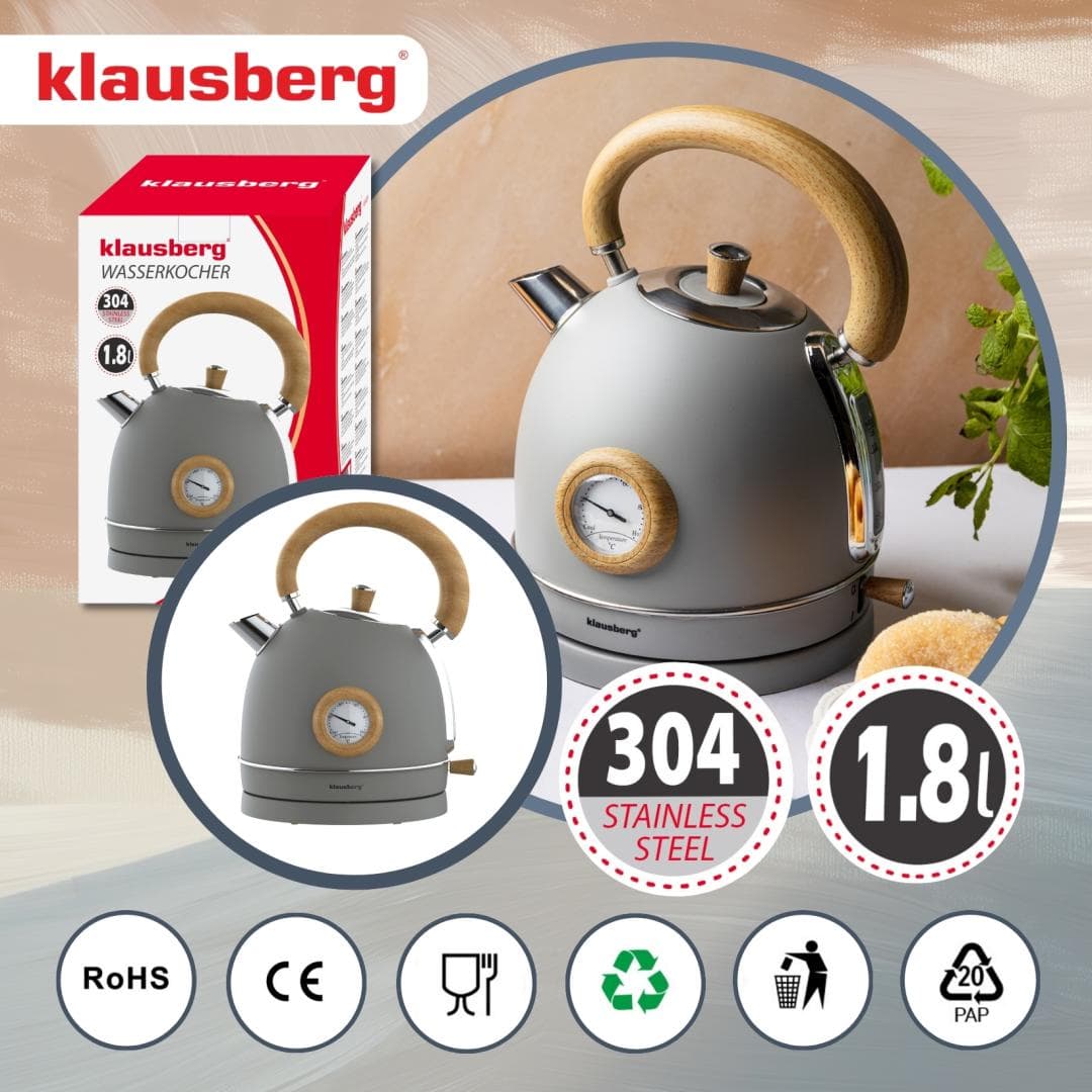 Klausberg Električni kuhalnik vode 1,8l, siv z lesom, INOX, s termometrom 5