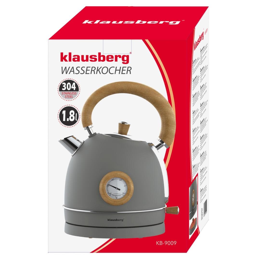 Klausberg Električni kuhalnik vode 1,8l, siv z lesom, INOX, s termometrom 6