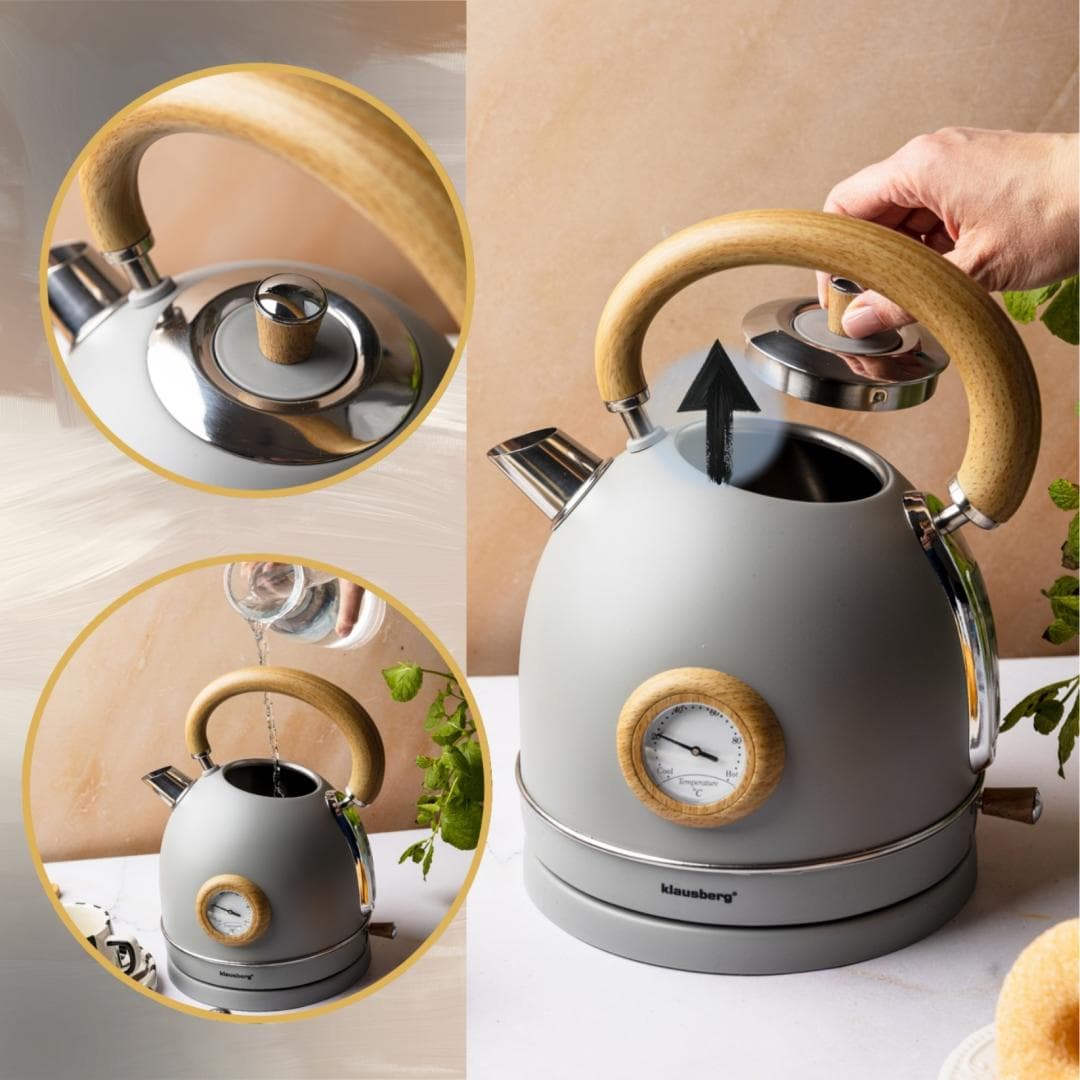 Klausberg Električni kuhalnik vode 1,8l, siv z lesom, INOX, s termometrom 8