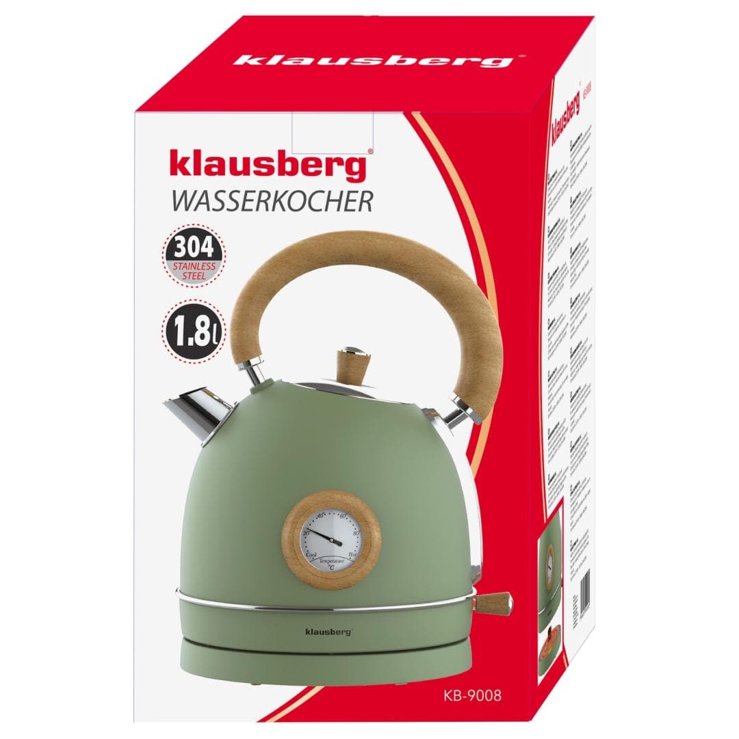 Klausberg Električni kuhalnik vode 1,8l, zelen z lesom, INOX, s termometrom 7