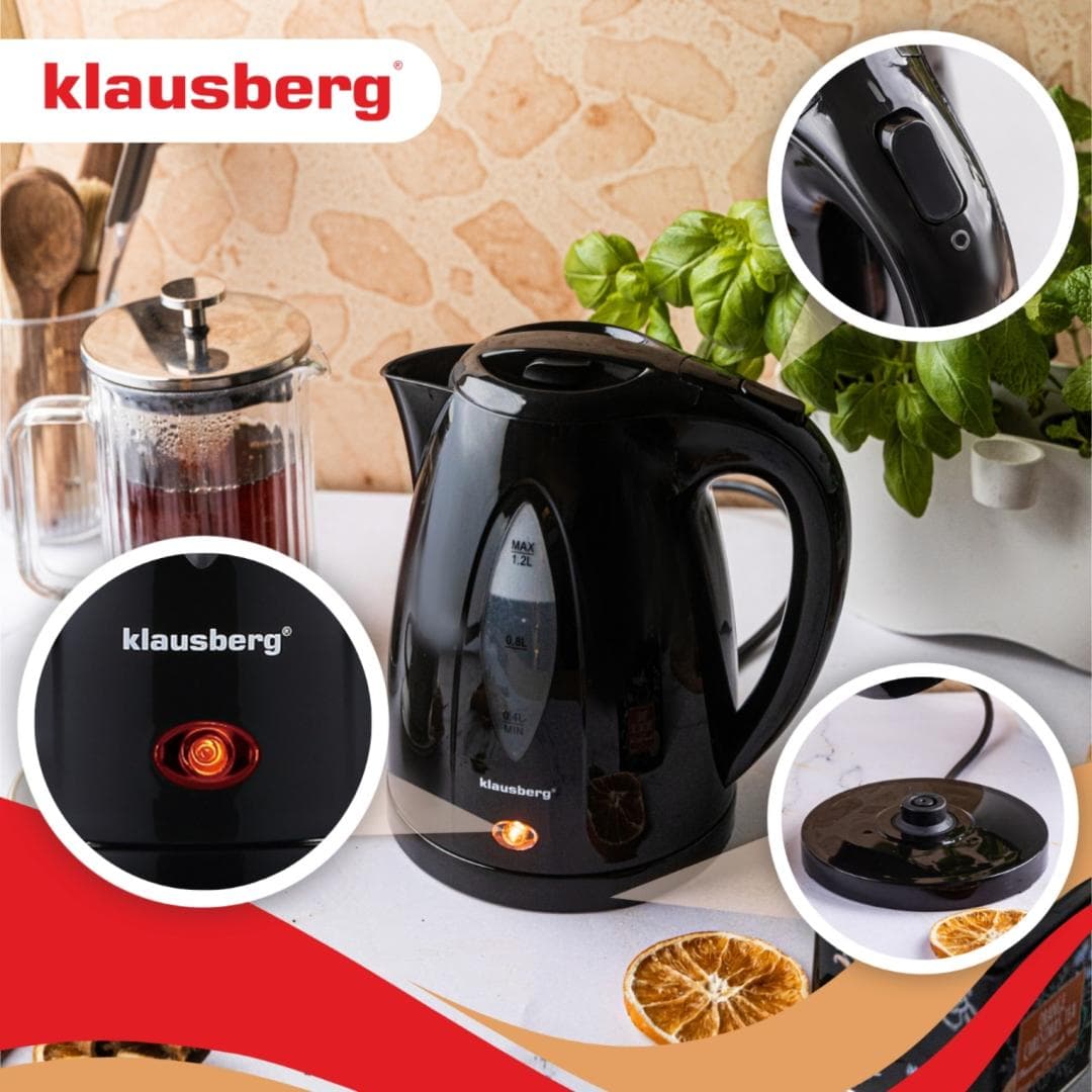 Električni kuhalnik vode 1,2 l, črn, hitro vrenje, Klausberg 8