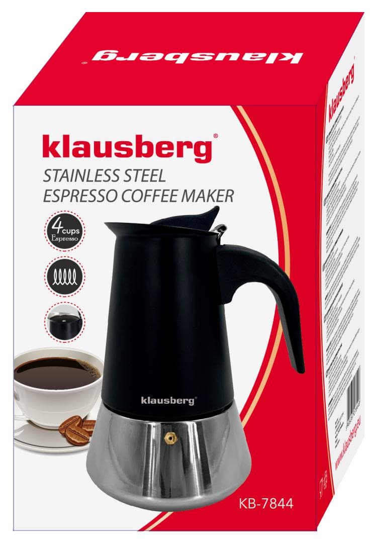 Kavos aparat za espresso Klausberg KB-7844, 4 skodelice, nerjavno jeklo, črna/srebrna