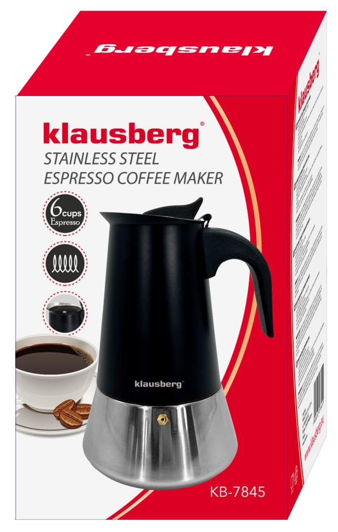 Kavos aparat za espresso Klausberg KB-7845, 6 skodelic, nerjavno jeklo, črna/srebrna
