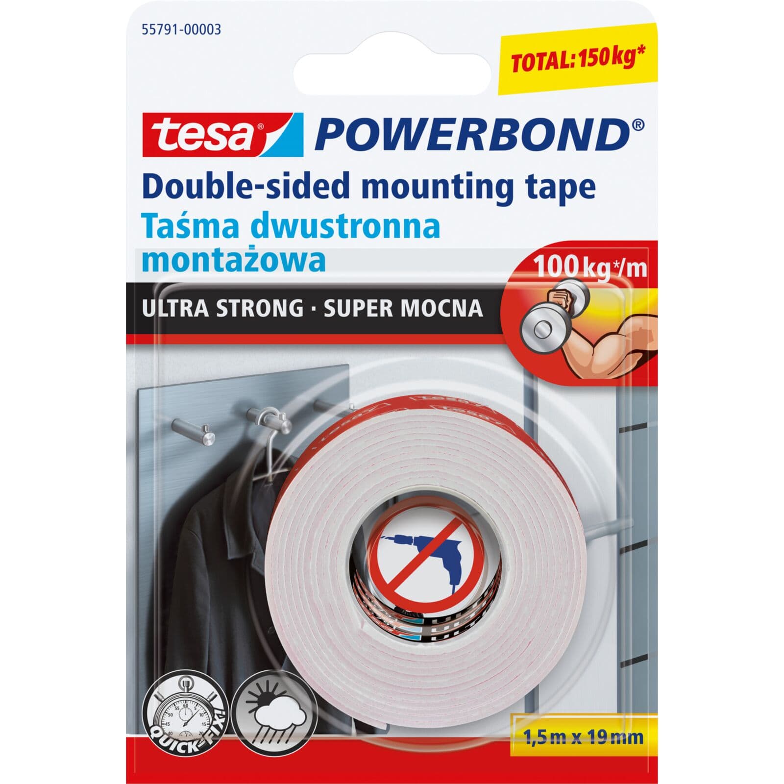 Tesa Powerbond montažni trak, notranji/zun., 1,5m/19mm, nosilnost 10kg/10cm