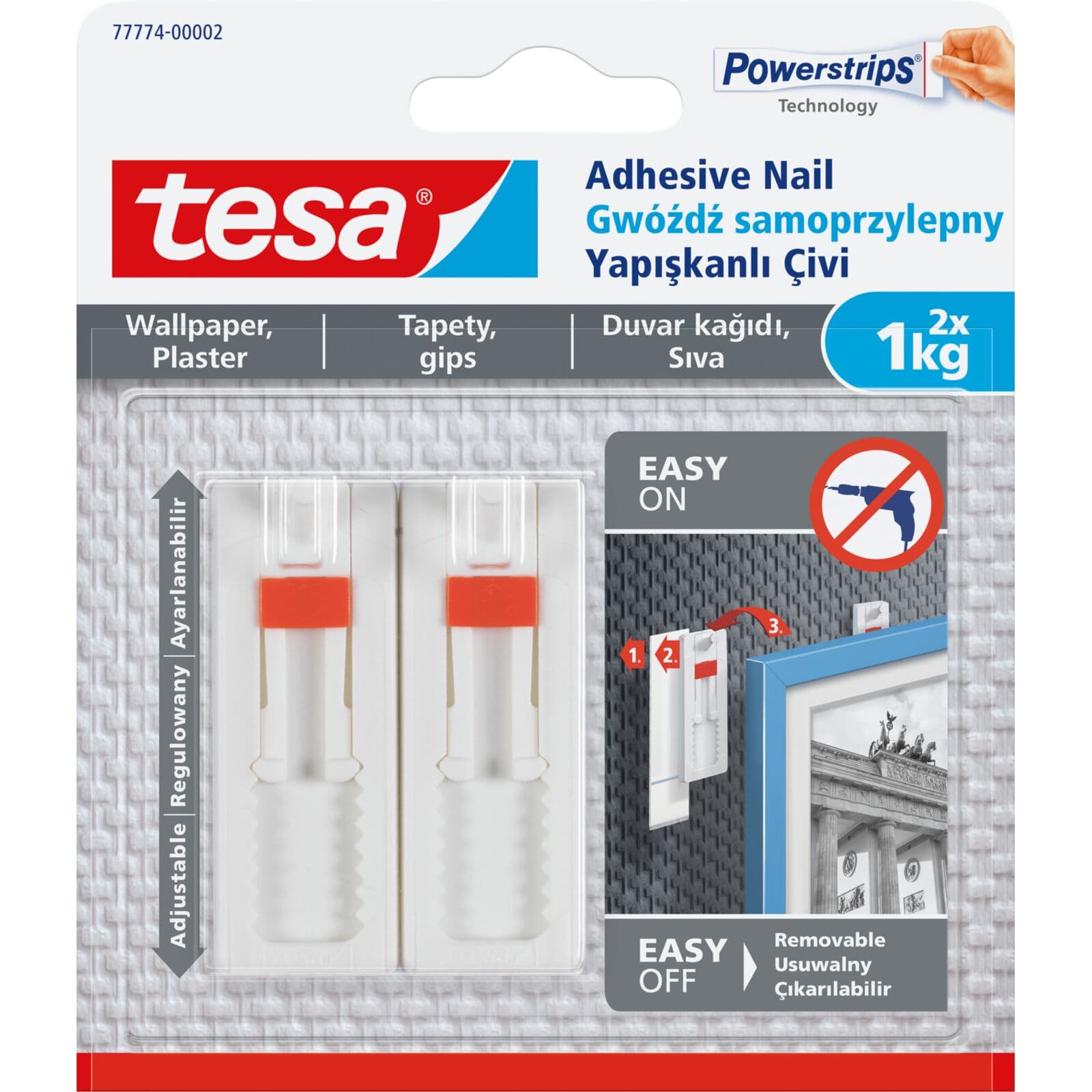 Tesa nastavljiv samolepilni H-ključ za tapete/omet, 2 kosa, do 1 kg
