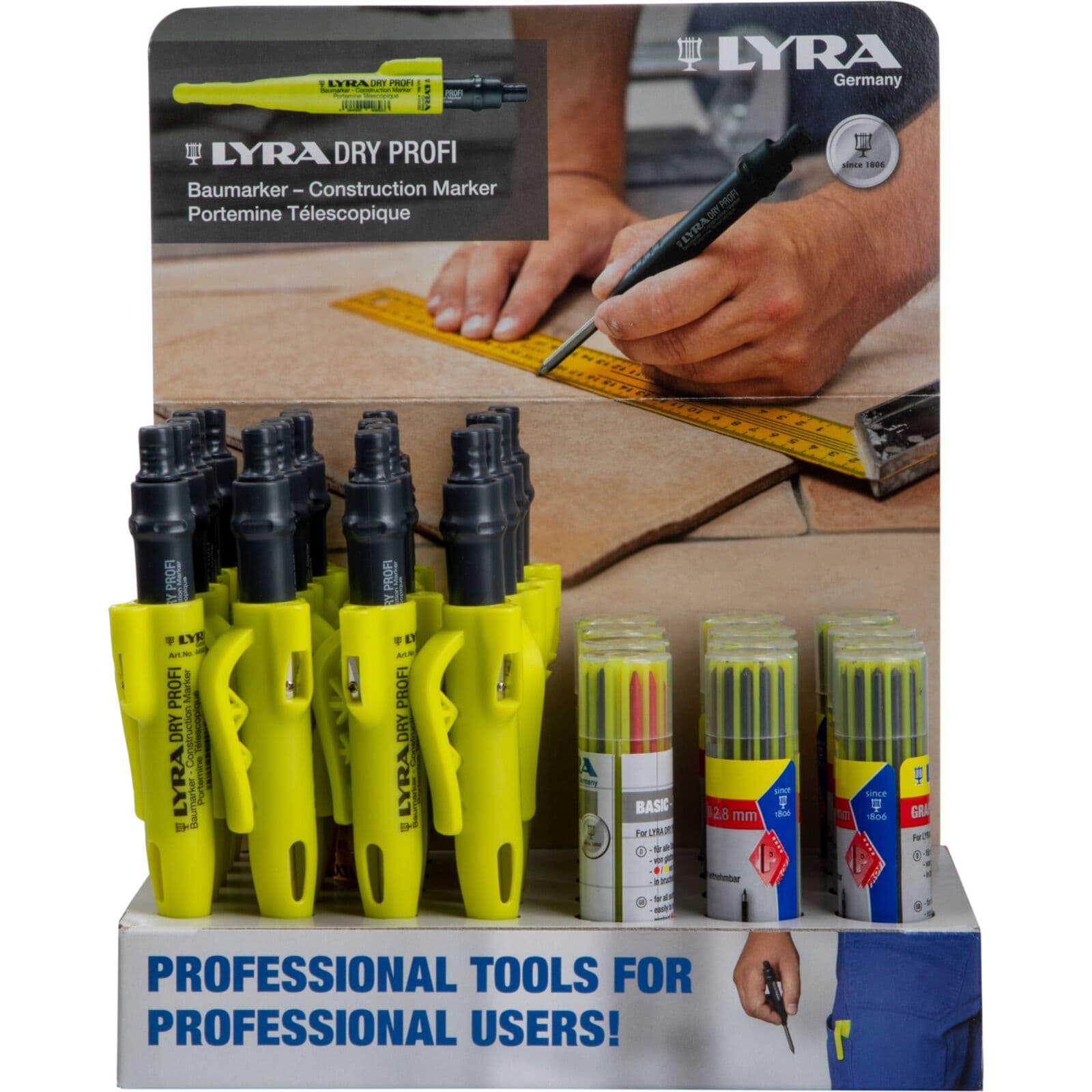 Display Lyra Dry markerni set: 20x gradbeni, 8x grafitnih, 4x barvnih vložkov