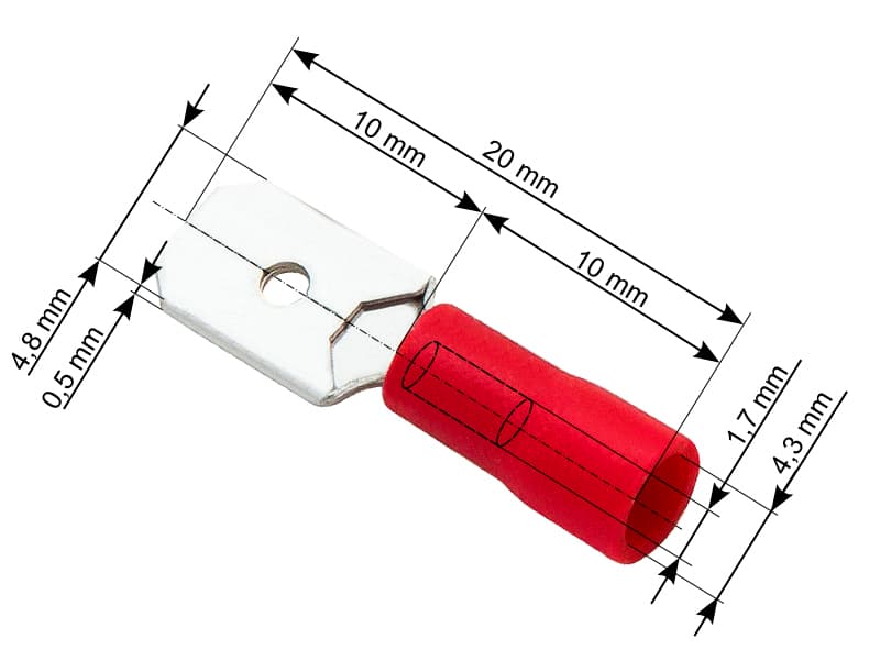 Blow Konektor izolirani ravni moški 4,8/0,5 mm, rdeč, 100 kosov