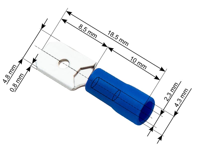 Blow Konektor izolirani ravni moški 4,8/0,8 mm, moder, 100 kosov