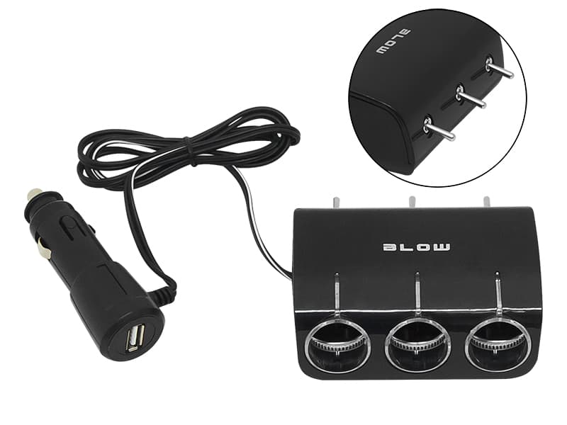 Blow 96-878# Razdelilnik vžigalnika 1x moški/3x ženski + USB, s stikali