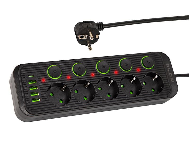 Blow Podaljšek PS-530S, 5 vtičnic + 4xUSB + 1xUSB-C, 3m, črn