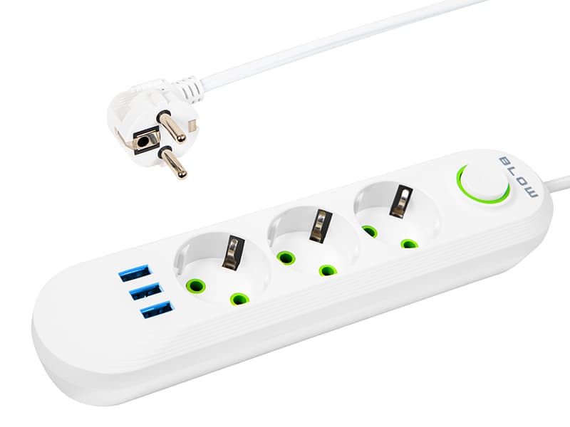 BLOW Podaljšek 3xUSB, 3 vtičnice, 2m, bel (PS-320)