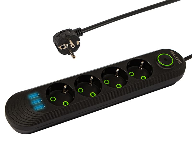 BLOW Podaljšek 3xUSB, 4 vtičnice, 2m, črn (PS-420)