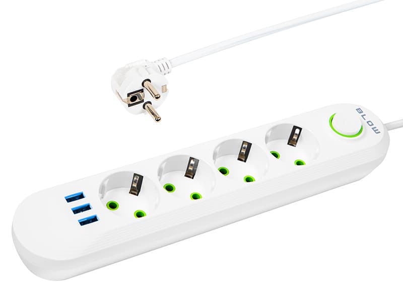 BLOW Podaljšek 3xUSB, 4 vtičnice, 3m, bel (PS-430)