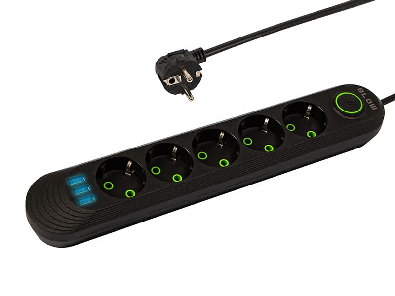 BLOW Podaljšek 3xUSB, 5 vtičnic, 2m, črn (PS-520)