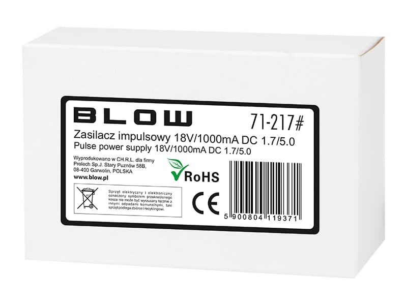 Blow Impulzni napajalnik 18V / 1000mA, vtič 1,7/5,0 mm 2